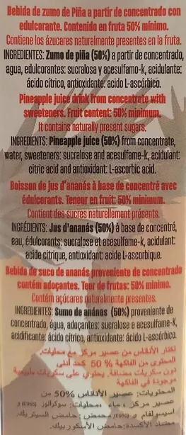 Bebida de zumo de Piña sin azúcares añadidos